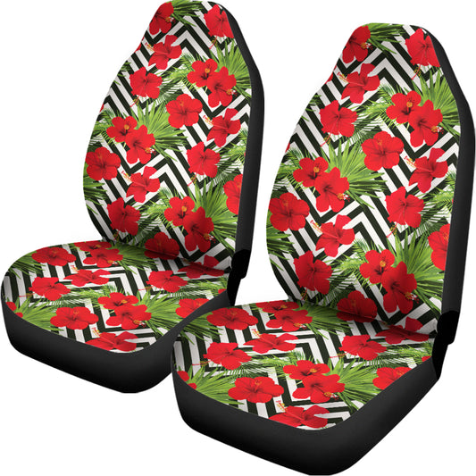 Red Hibiscus Chevron Pattern Print Universal Fit Car Seat Covers