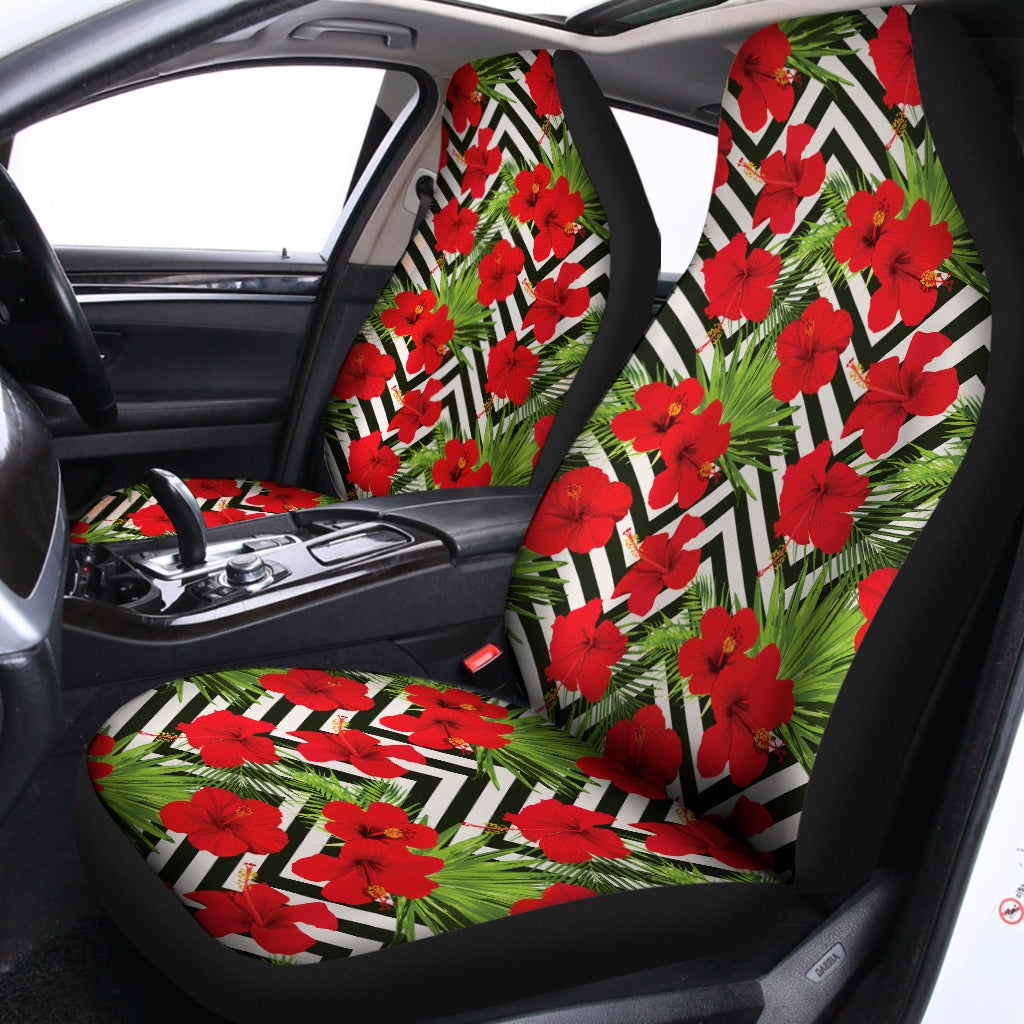 Red Hibiscus Chevron Pattern Print Universal Fit Car Seat Covers