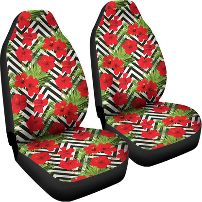 Red Hibiscus Chevron Pattern Print Universal Fit Car Seat Covers