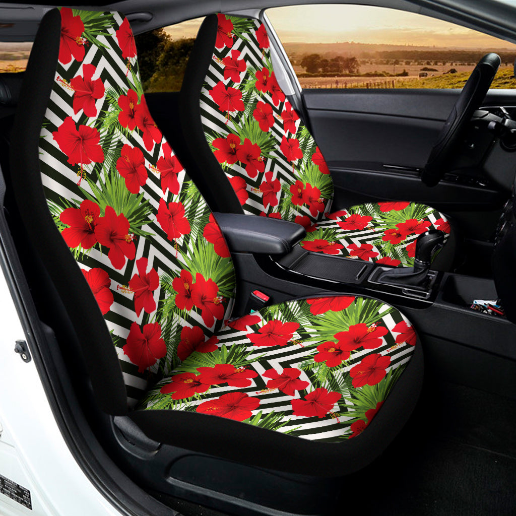 Red Hibiscus Chevron Pattern Print Universal Fit Car Seat Covers
