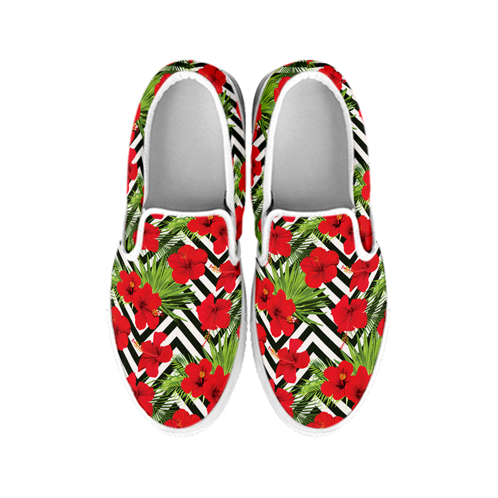 Red Hibiscus Chevron Pattern Print White Slip On Shoes
