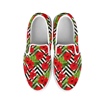 Red Hibiscus Chevron Pattern Print White Slip On Shoes