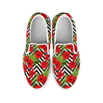 Red Hibiscus Chevron Pattern Print White Slip On Shoes