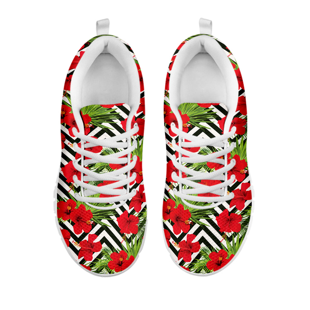 Red Hibiscus Chevron Pattern Print White Sneakers