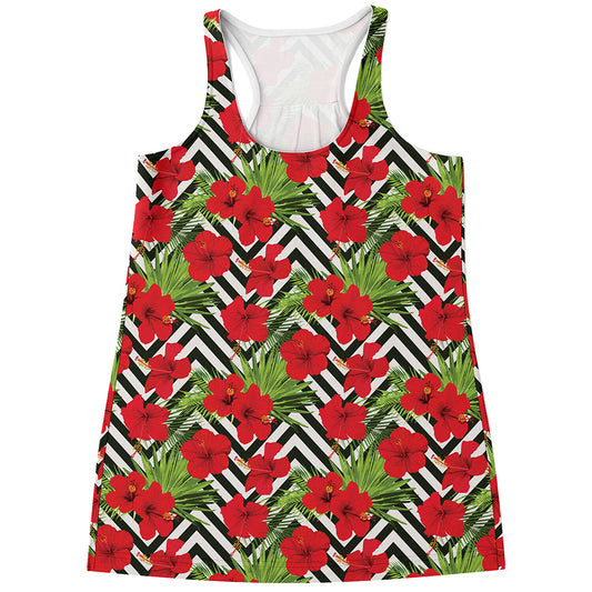 Red Hibiscus Chevron Pattern Print Women's Racerback Tank Top
