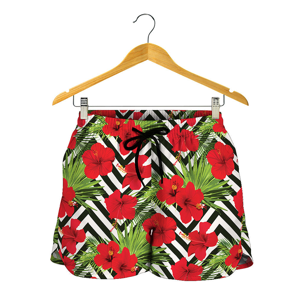 Red Hibiscus Chevron Pattern Print Women's Shorts