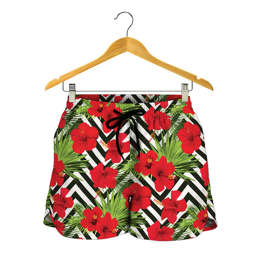 Red Hibiscus Chevron Pattern Print Women's Shorts