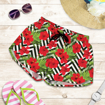 Red Hibiscus Chevron Pattern Print Women's Shorts