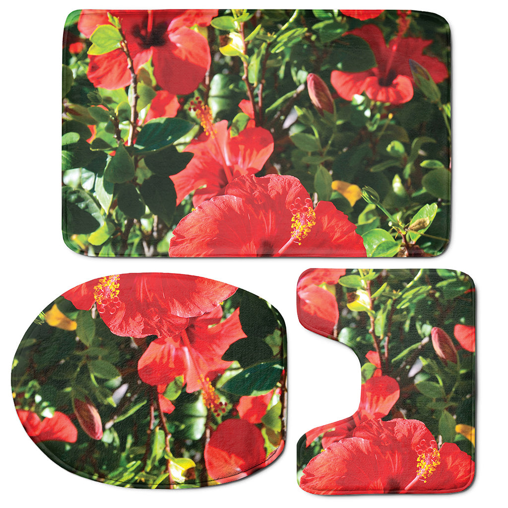 Red Hibiscus Flowers Print 3 Piece Bath Mat Set