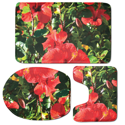 Red Hibiscus Flowers Print 3 Piece Bath Mat Set