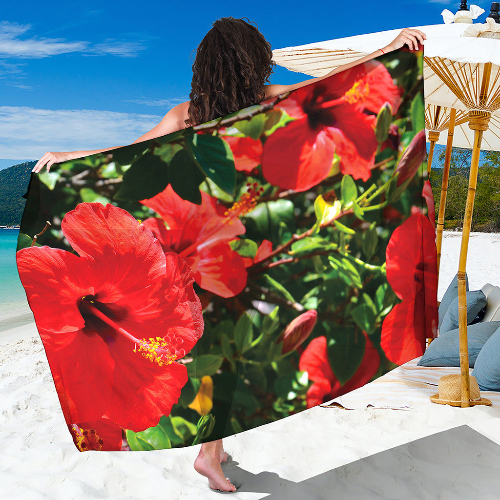 Red Hibiscus Flowers Print Beach Sarong Wrap