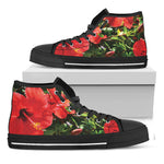 Red Hibiscus Flowers Print Black High Top Shoes