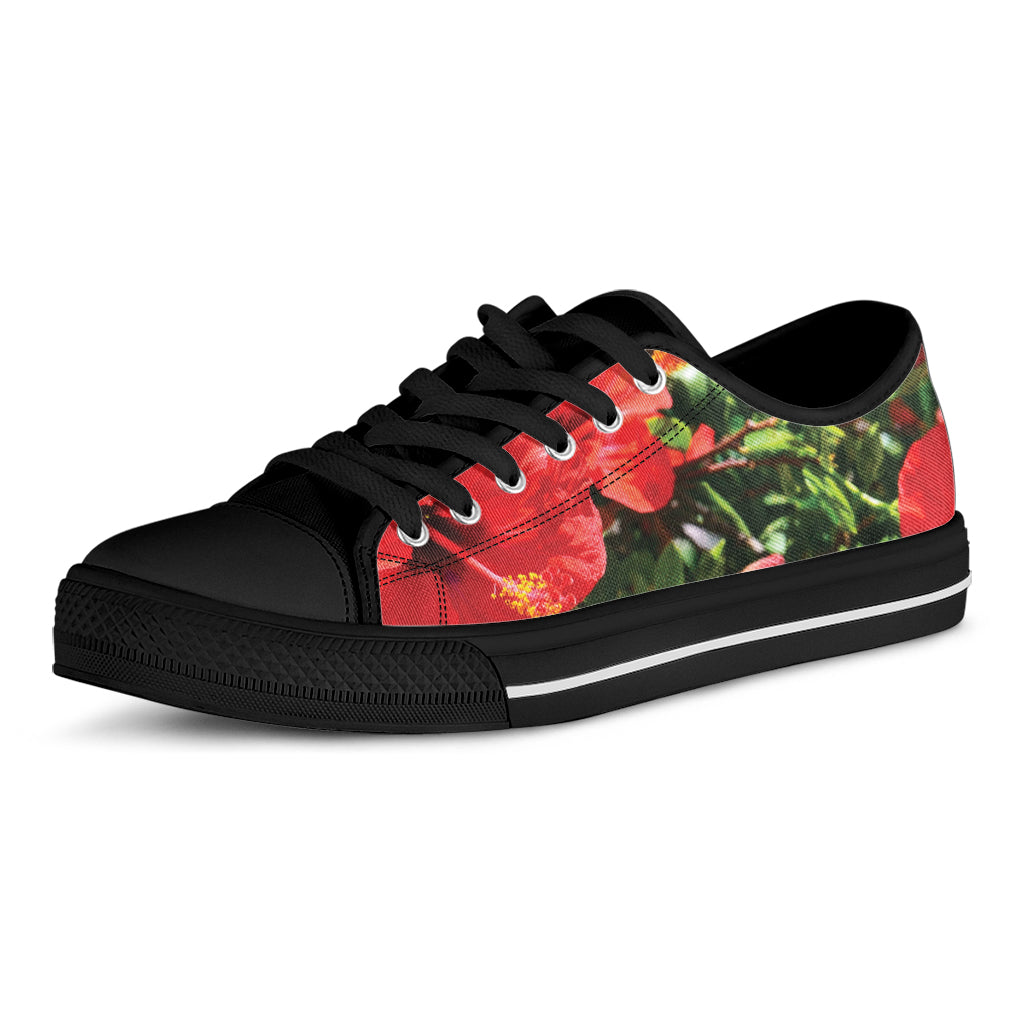 Red Hibiscus Flowers Print Black Low Top Shoes