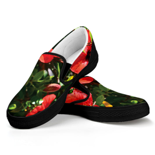 Red Hibiscus Flowers Print Black Slip On Shoes