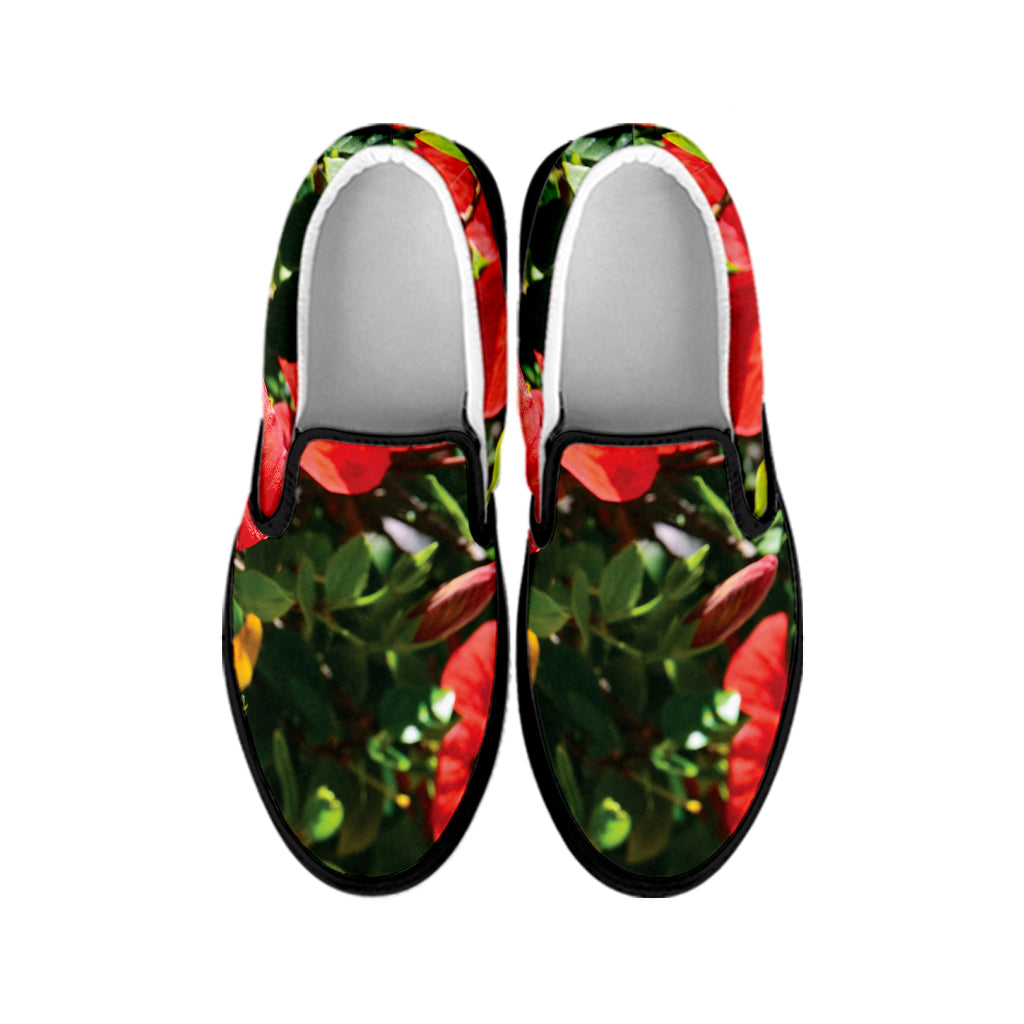 Red Hibiscus Flowers Print Black Slip On Shoes