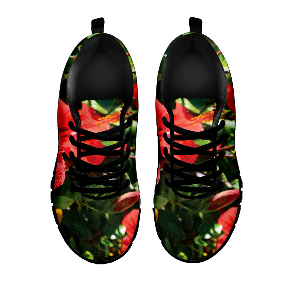 Red Hibiscus Flowers Print Black Sneakers