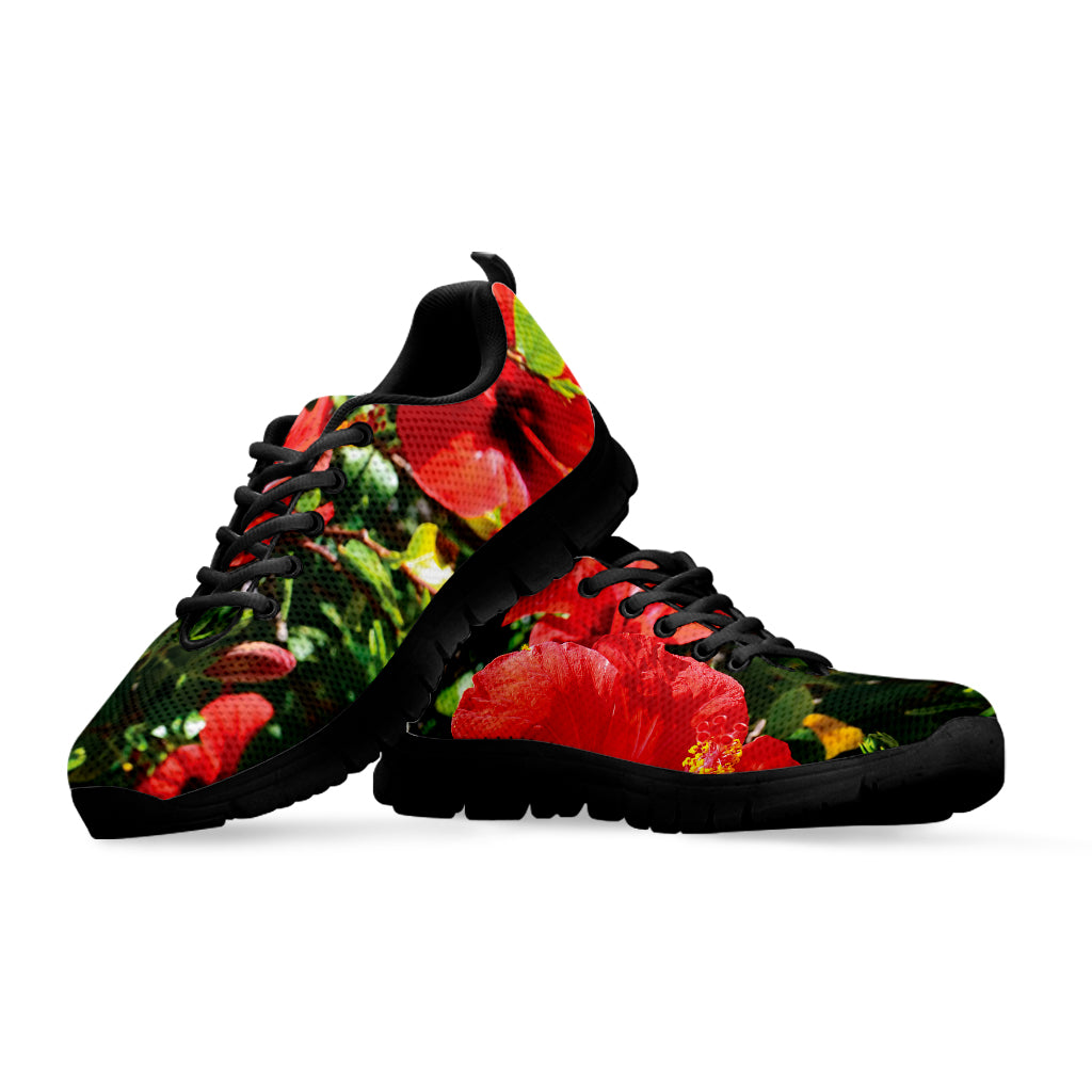 Red Hibiscus Flowers Print Black Sneakers