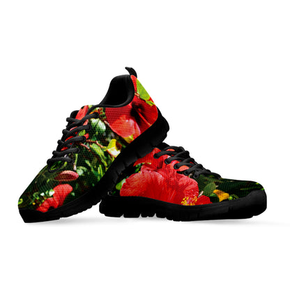 Red Hibiscus Flowers Print Black Sneakers