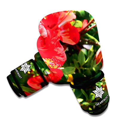 Red Hibiscus Flowers Print Boxing Gloves