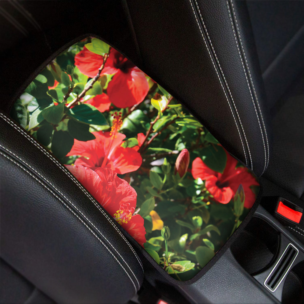 Red Hibiscus Flowers Print Car Center Console Cover