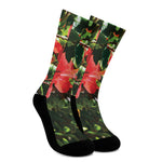 Red Hibiscus Flowers Print Crew Socks