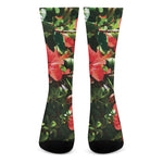 Red Hibiscus Flowers Print Crew Socks