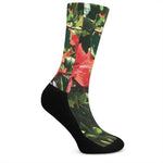 Red Hibiscus Flowers Print Crew Socks