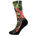 Red Hibiscus Flowers Print Crew Socks