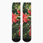 Red Hibiscus Flowers Print Crew Socks