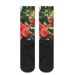 Red Hibiscus Flowers Print Crew Socks