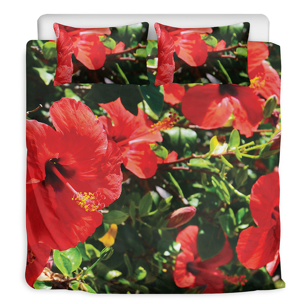 Red Hibiscus Flowers Print Duvet Cover Bedding Set