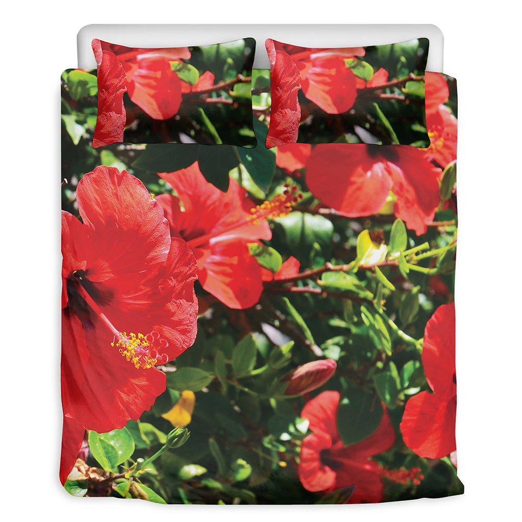 Red Hibiscus Flowers Print Duvet Cover Bedding Set