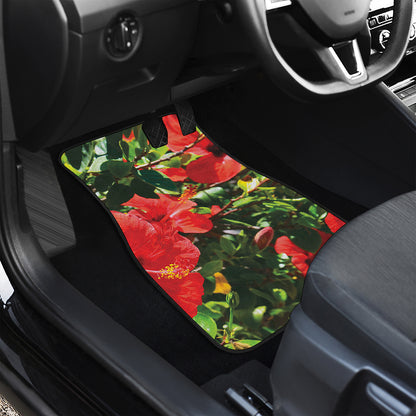 Red Hibiscus Flowers Print Front and Back Car Floor Mats