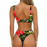 Red Hibiscus Flowers Print Front Bow Tie Bikini
