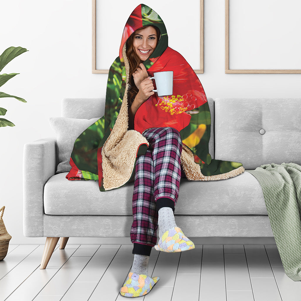 Red Hibiscus Flowers Print Hooded Blanket
