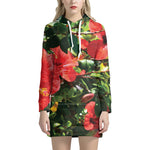 Red Hibiscus Flowers Print Hoodie Dress