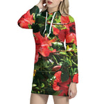 Red Hibiscus Flowers Print Hoodie Dress