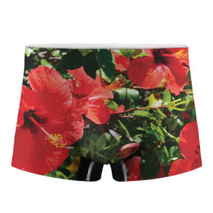 Red Hibiscus Flowers Print Men's Boxer Briefs