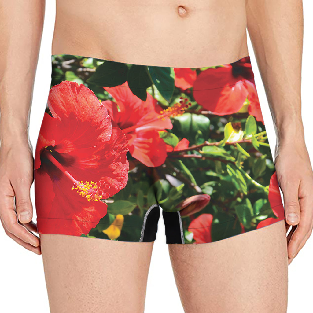 Red Hibiscus Flowers Print Men's Boxer Briefs