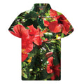 Red Hibiscus Flowers Print Men's Short Sleeve Shirt