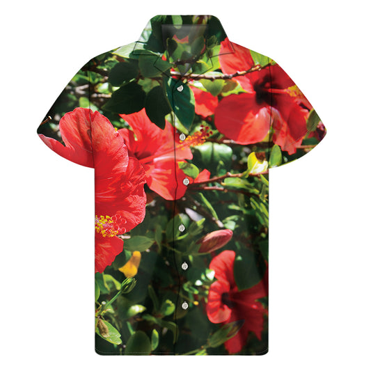 Red Hibiscus Flowers Print Men's Short Sleeve Shirt