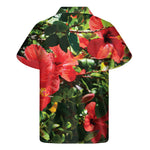 Red Hibiscus Flowers Print Men's Short Sleeve Shirt