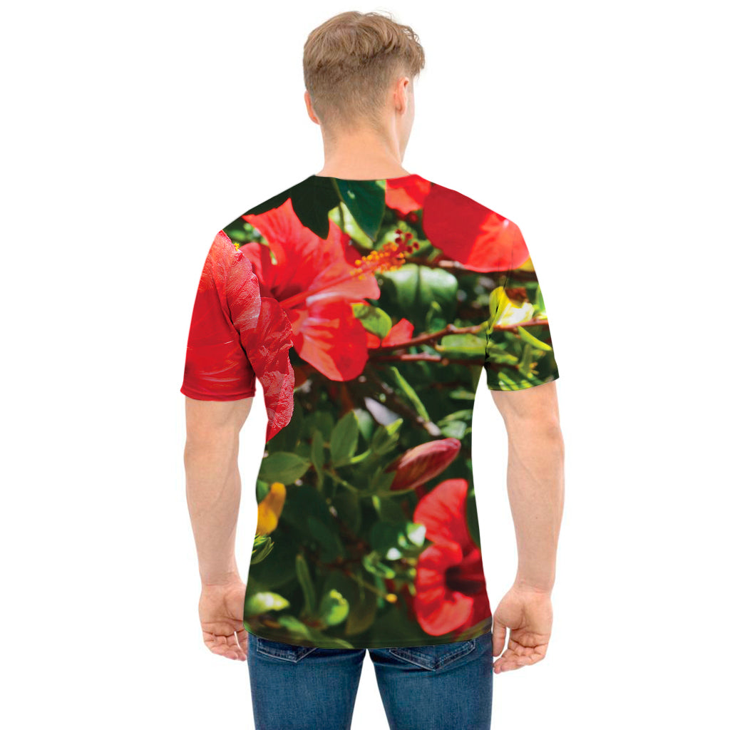 Red Hibiscus Flowers Print Men's T-Shirt
