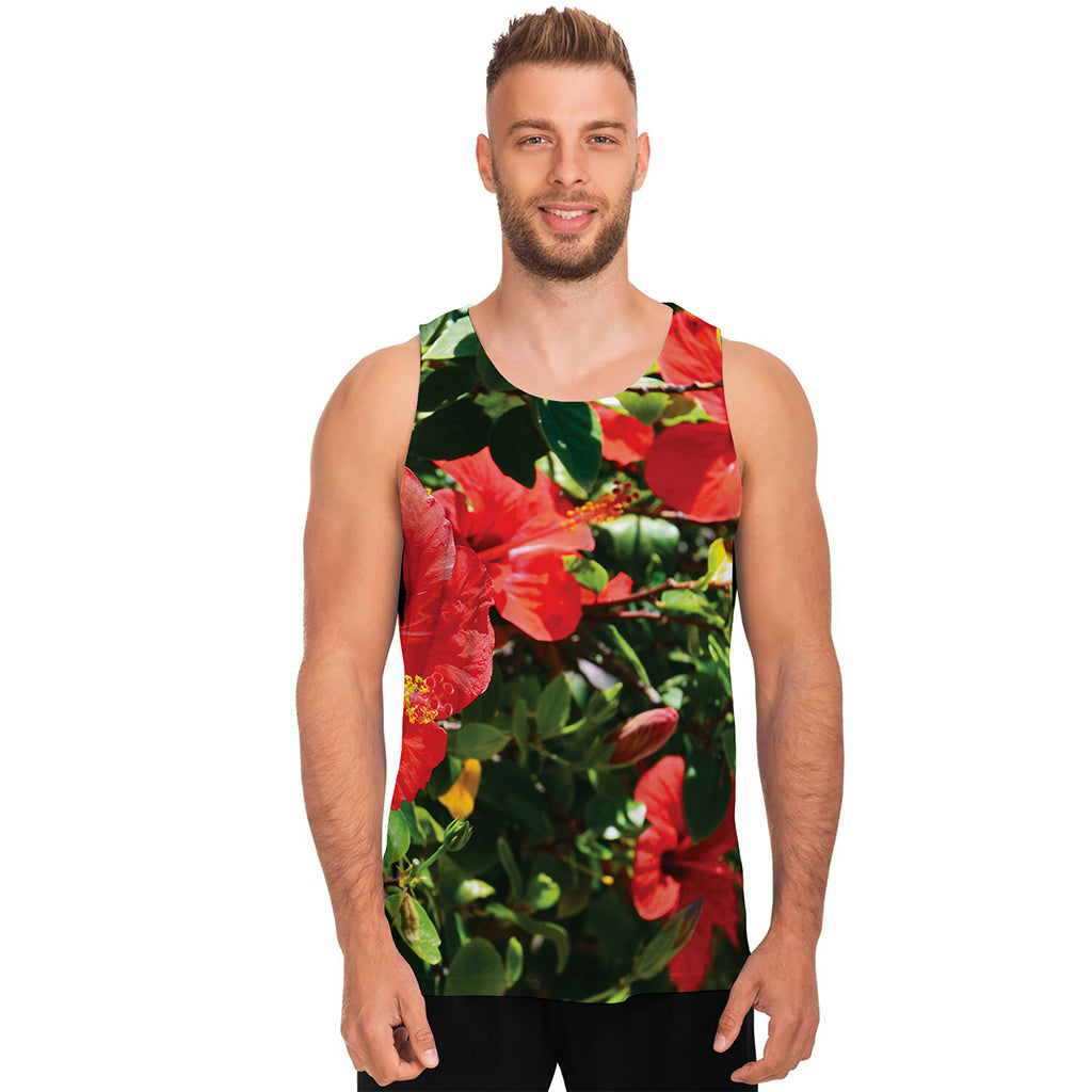 Red Hibiscus Flowers Print Men's Tank Top