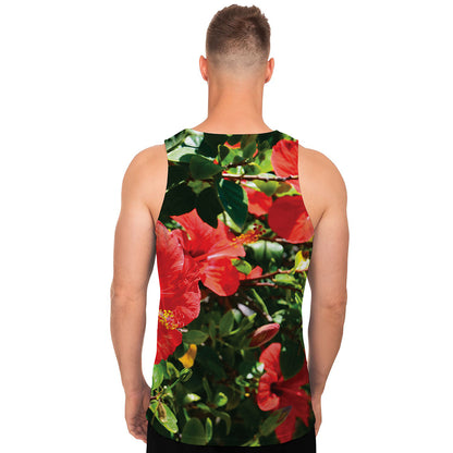 Red Hibiscus Flowers Print Men's Tank Top