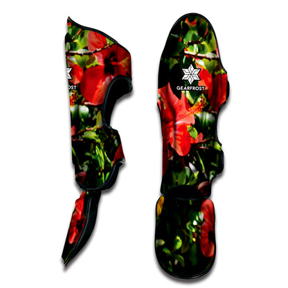 Red Hibiscus Flowers Print Muay Thai Shin Guard