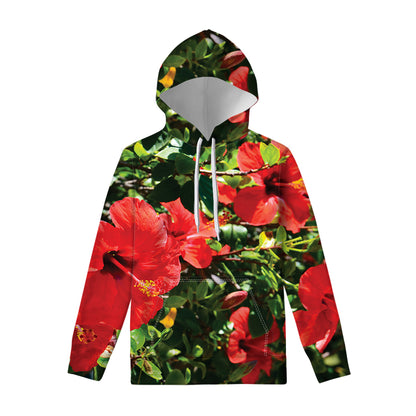 Red Hibiscus Flowers Print Pullover Hoodie