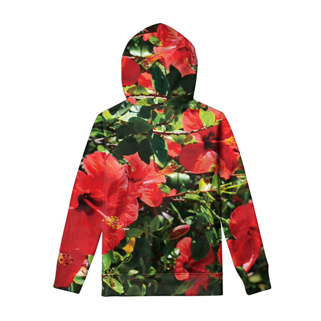 Red Hibiscus Flowers Print Pullover Hoodie