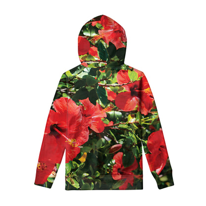 Red Hibiscus Flowers Print Pullover Hoodie