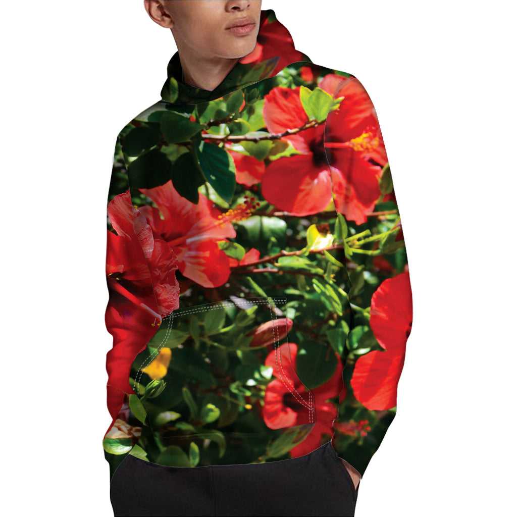 Red Hibiscus Flowers Print Pullover Hoodie